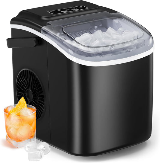 Silonn Countertop Ice Maker, 9 Cubes Ready in 6 Mins, 26lbs in 24Hrs, Self-Cleaning Ice Machine with Ice Scoop and Basket, 2 Sizes of Bullet Ice for Home Kitchen Office Bar Party, Black